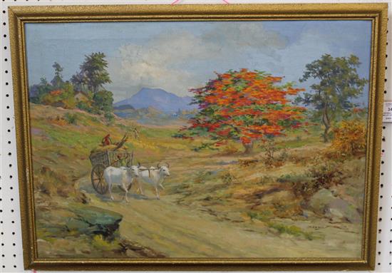 Archibald Herman Muller (1878-1952) Bullock cart on a lane, 15 x 21in.